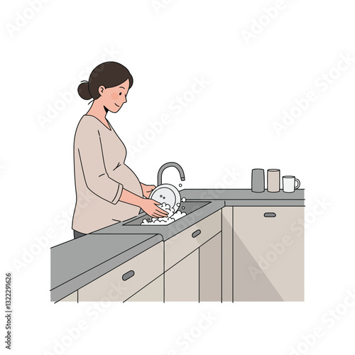 Pregnant woman washing dishes in modern kitchen flat vector illustration