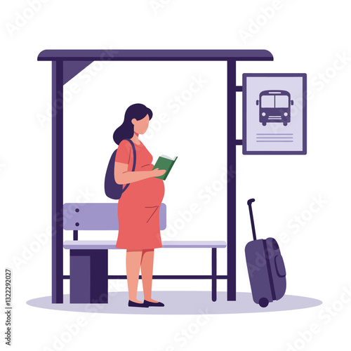 Pregnant woman reading at bus stop in minimal vector illustration style