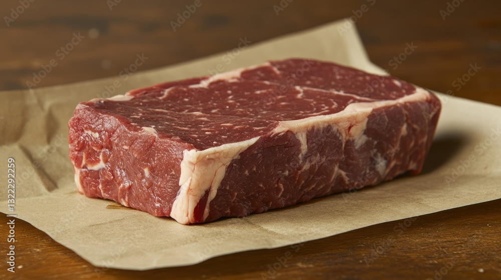 Fototapeta premium Raw New York strip steak on butcher paper.