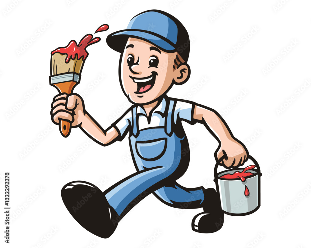 Cartoon mascot character of a Painter running while carrying a paintbrush and bucket Cartoon mascot character of a Painter running while carrying a paintbrush and bucket