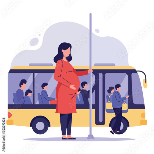 Pregnant woman standing on bus with passengers in flat vector illustration