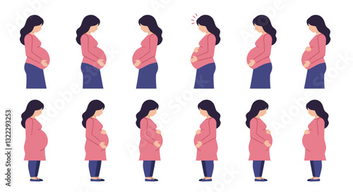 Pregnant woman character progression in flat design vector illustration