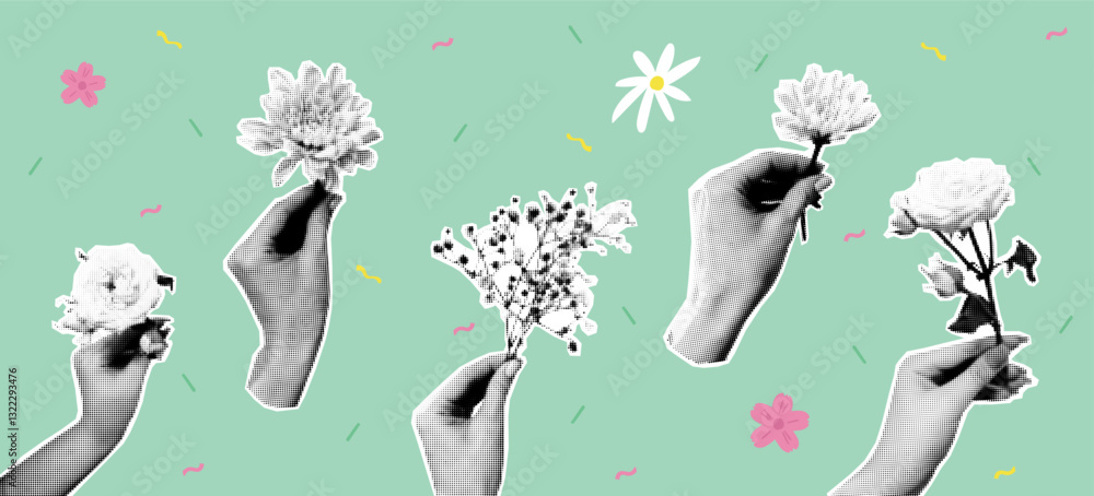 Fototapeta premium Cute pop art female hands holding flower blooms halftone grunge collage in contemporary style