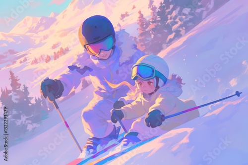 Two people skiing down a snowy mountain slope together