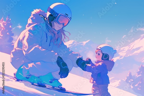 A mother and child enjoy the snow during a fun winter trip