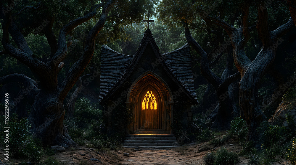 Fototapeta premium Dark woodland chapel at twilight