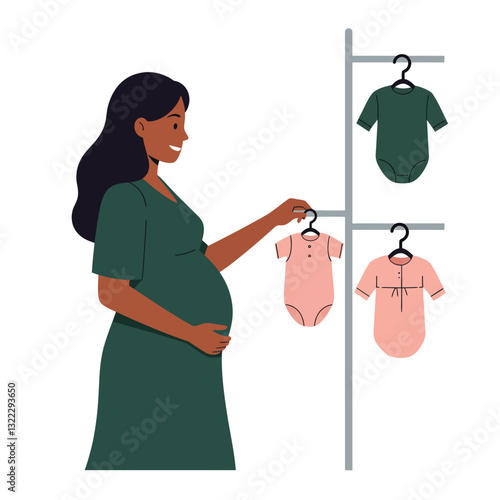 Pregnant woman selecting baby clothes in minimal flat vector illustration