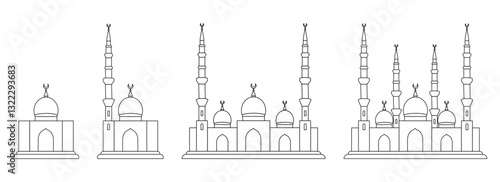 Mosque in line style. Collection, set of thin, simple decorative elements isolated on a transparent background. Vector illustration.