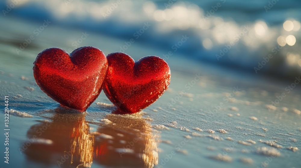 Fototapeta premium Two vibrant red hearts, symbols of enduring love, nestled side by side on the sandy expanse of the beach, their reflection mirroring the boundless love of the sea beyond.