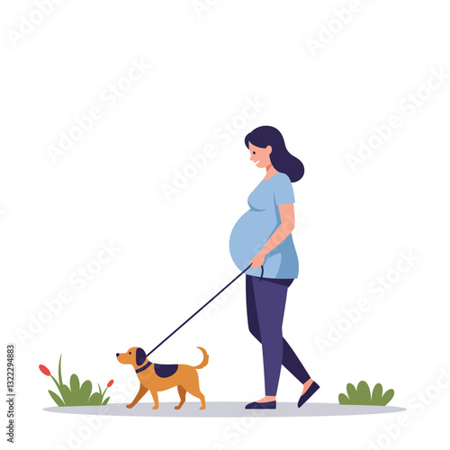 Pregnant woman walking a dog in flat vector illustration style