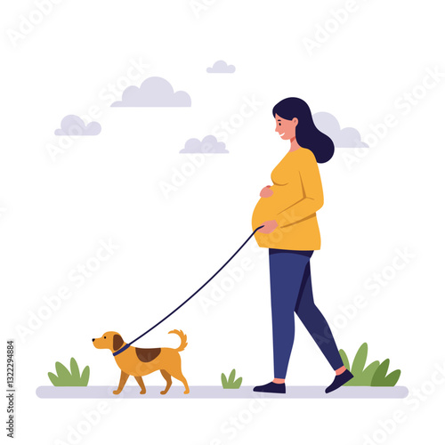 Pregnant woman walking dog in flat, colorful design style vector art