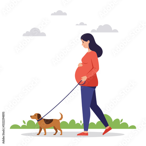 Pregnant woman walking a dog in flat vector illustration style