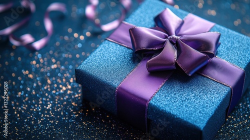 A bird-eye view reveals a pristine blue gift box, adorned with a vibrant purple bow and a delicate satin ribbon, its surface glistening under the soft, diffused light.