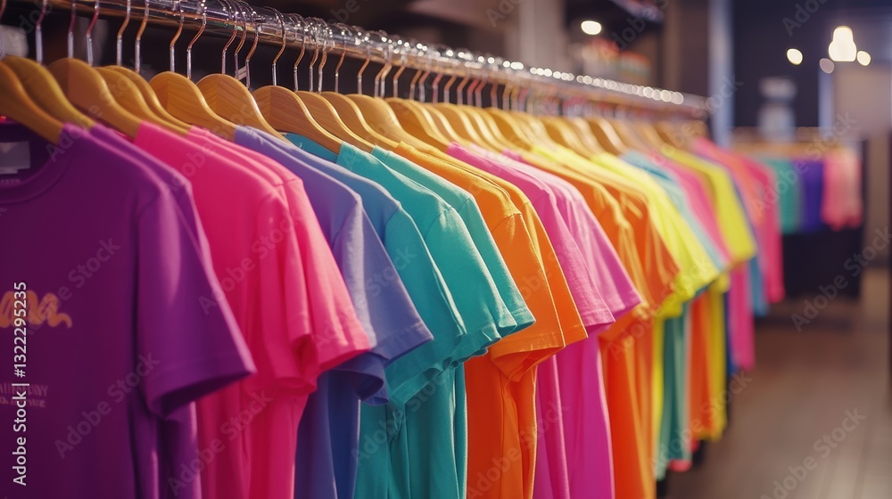 Fototapeta premium A vibrant rack of T-shirts in a kaleidoscope of colors, from bold neon hues to pastel shades, hung invitingly on polished hangers. The diverse collection showcased the versatility and trendiness of
