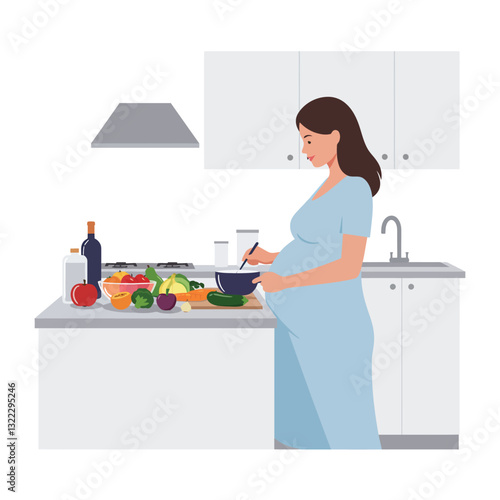 Pregnant woman cooking healthy meal in modern kitchen flat vector illustration