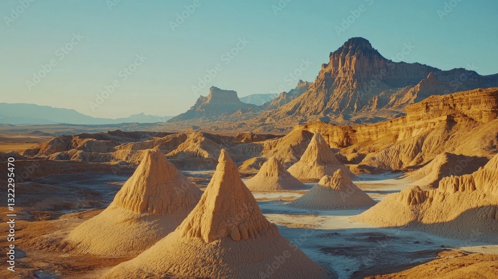 Naklejka premium Desert landscape features striking cone-shaped formations and rugged mountains in the distance, illuminated by warm light of sunset. Serenity and vastness define this natural beauty