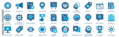 Branding icon set in flat duotone solid icons web design. Pack pictograms with marketing, strategy, brand values, loyal customers, identity, target audience, social media, other. Vector illustration.