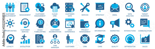 CRM icon set in flat duotone solid icons web design. Pack pictograms with customer relationship, management, engagement, cloud, service, strategy, email, data analysis, other. Vector illustration.
