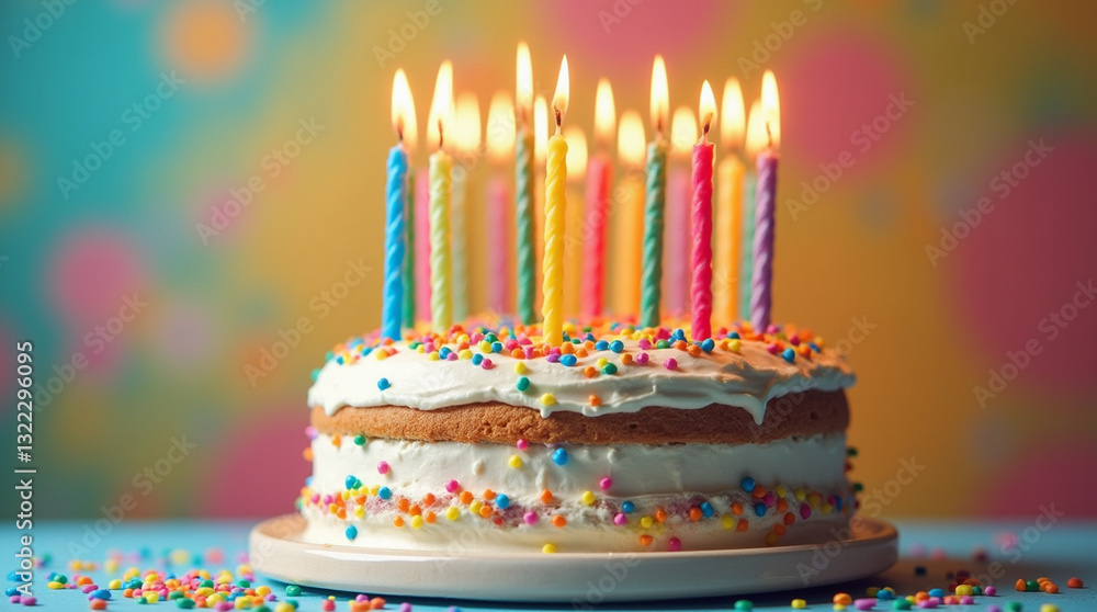 white birthday cake with candles, birthday party for children, children having fun, colorful cake, rainbow, multicolored balloons and sparkles, chocolate, sugar and candies, candles, sweet ... white birthday cake with candles, birthday party for children, children having fun, colorful cake, rainbow, multicolored balloons and sparkles, chocolate, sugar and candies, candles, sweet ...