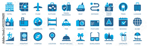 Travel icon set in flat duotone solid icons web design. Pack pictograms with hotel, maps, plane, suitcase, insurance, boat, distance, train, checkin, pool, hostel, taxi, other. Vector illustration.