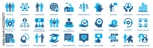 Community icon set in flat duotone solid icons web design. Pack pictograms with people, friendship, diversity, village, human rights, equality, culture, inclusion, trust, other. Vector illustration.