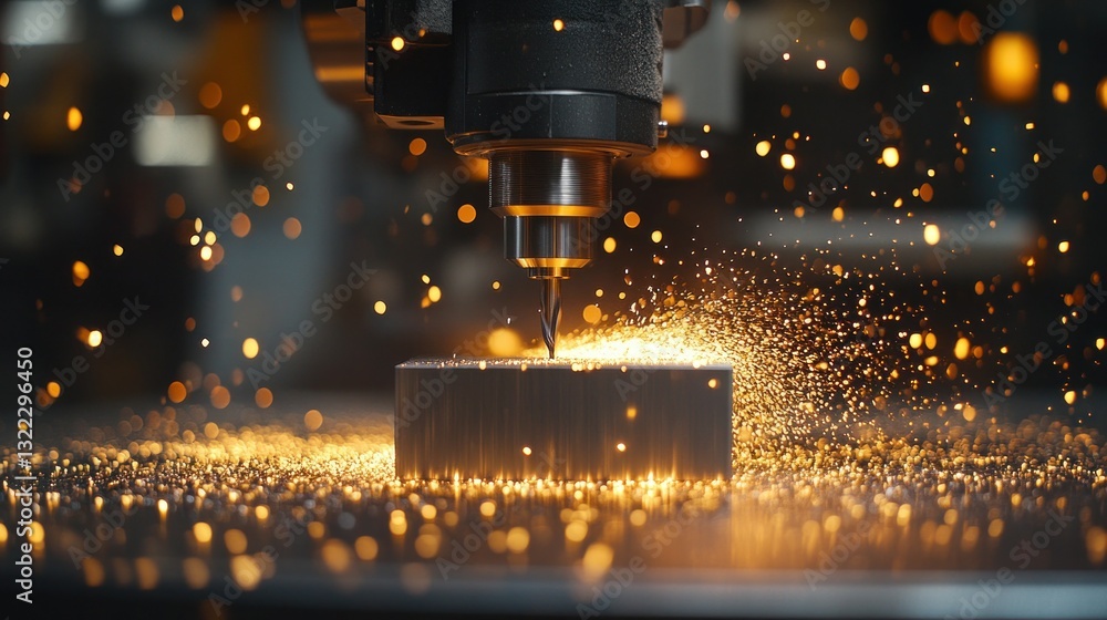 Metal machining with sparks flying off a workpiece in a machine Metal machining with sparks flying off a workpiece in a machine