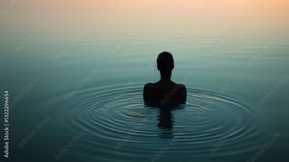 A silhouette of a person sits calmly in still water, surrounded by gentle ripples as the sun begins to rise, painting the sky with soft colors of morning light A silhouette of a person sits calmly in still water, surrounded by gentle ripples as the sun begins to rise, painting the sky with soft colors of morning light