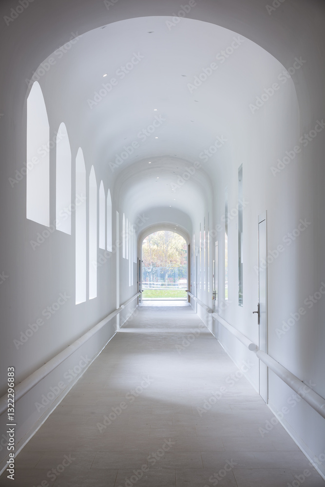 Minimalist architecture of hospital highlighting a hallway design Minimalist architecture of hospital highlighting a hallway design