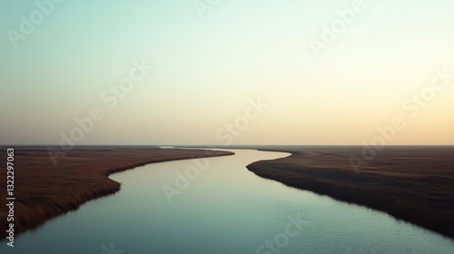 A river snakes gently through a flat landscape under a soft sunrise, creating a peaceful scene that blends earth and sky in harmonious simplicity.