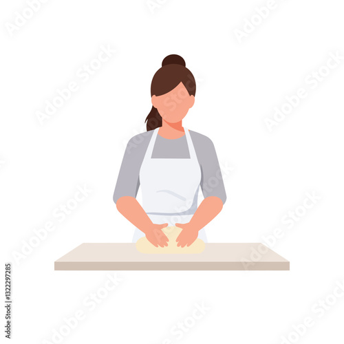 Woman kneading dough on a countertop in a minimal flat vector illustration