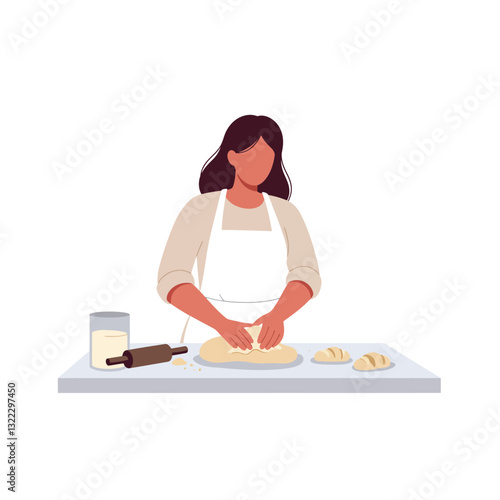 Woman kneading dough in a minimal style kitchen setting vector art