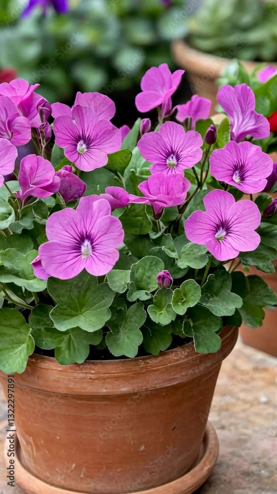 Purple flowers blooming in clay pots in a vibrant garden setting during spring Purple flowers blooming in clay pots in a vibrant garden setting during spring