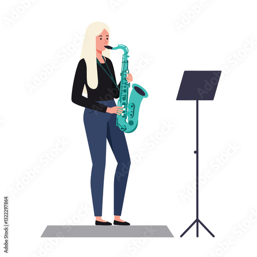 Female musician playing a teal saxophone in flat vector art style