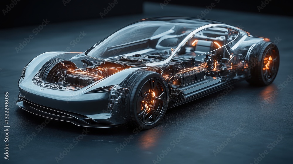 A sleek, silver electric car is meticulously deconstructed in a 3D rendering, revealing the intricate internal workings of its electric powertrain. A sleek, silver electric car is meticulously deconstructed in a 3D rendering, revealing the intricate internal workings of its electric powertrain.