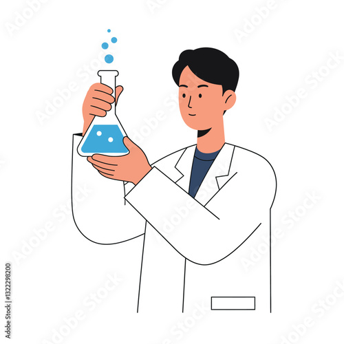 Scientist in white lab coat holding a flask with blue liquid flat vector illustration