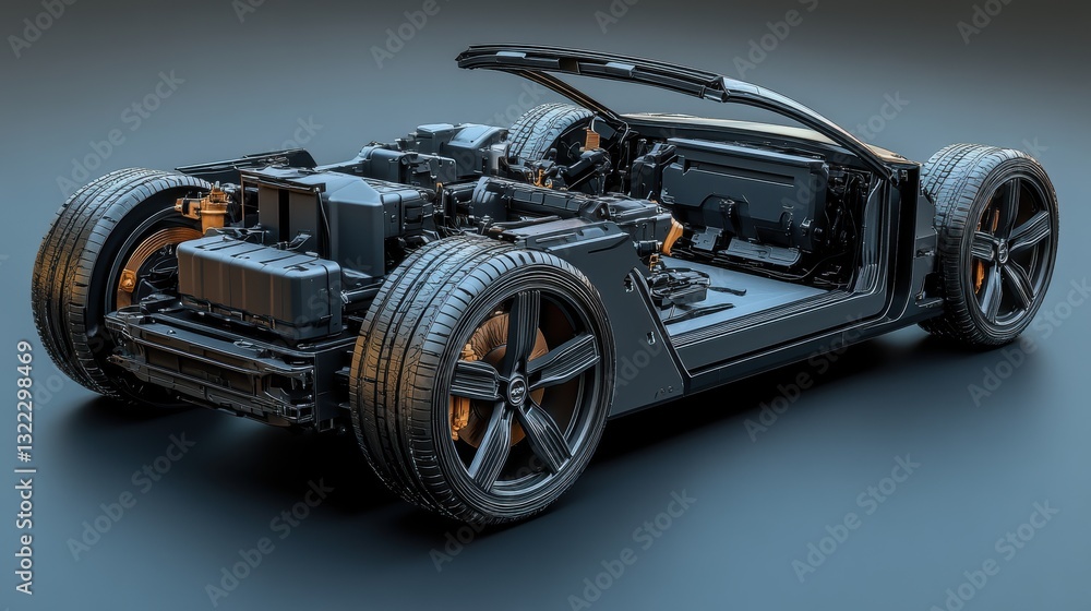 A 3D rendering unveils the intricate workings of an electric car, showcasing the battery pack, electric motors, and transmission, a testament to the future of transportation. A 3D rendering unveils the intricate workings of an electric car, showcasing the battery pack, electric motors, and transmission, a testament to the future of transportation.