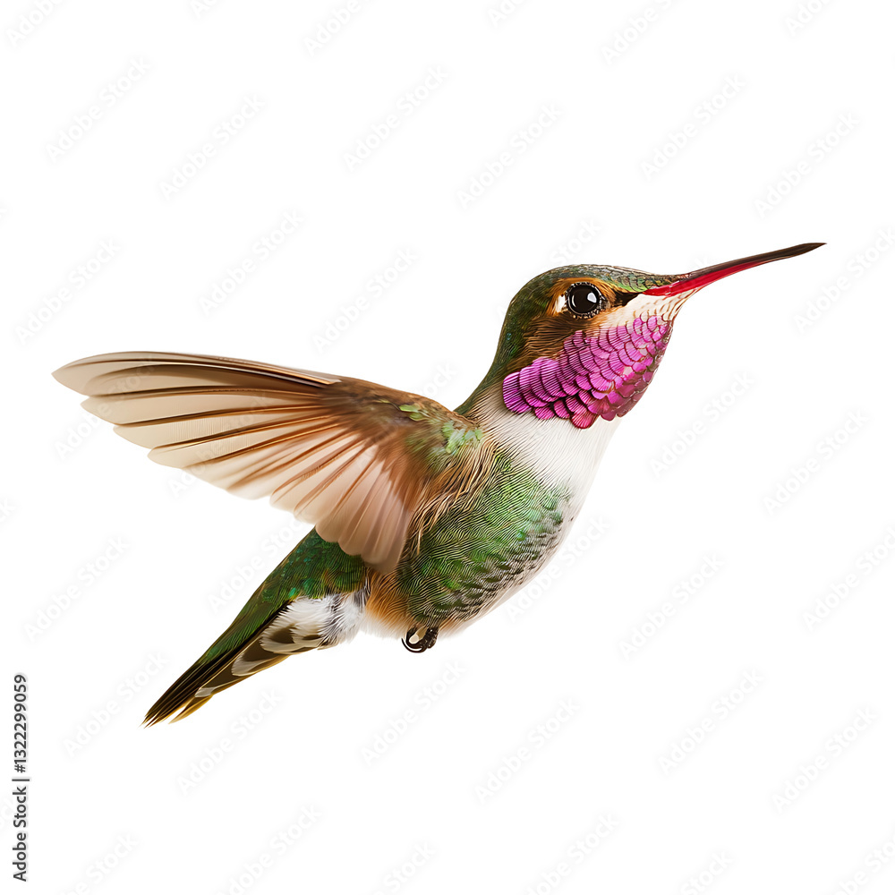 Fototapeta premium Vibrant hummingbird in flight, wings spread, displaying colorful plumage against a dark backdrop. Captivating avian beauty!