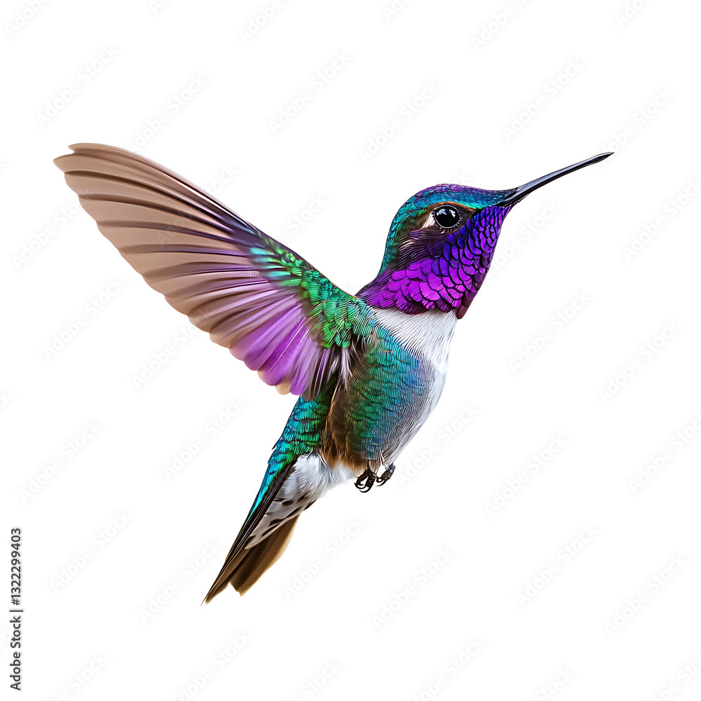 Obraz premium A hummingbird gracefully takes flight, showcasing its iridescent purple, green, and white plumage against a stark black backdrop.