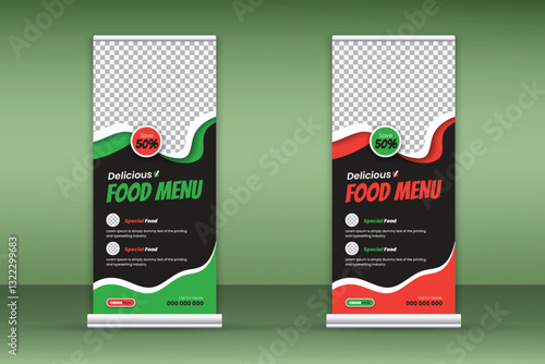 Delicious food menu roll-up banner design template for restaurant in green and red color bundle on black background, modern and special fast food menu design pull-up banner for business promotion set
