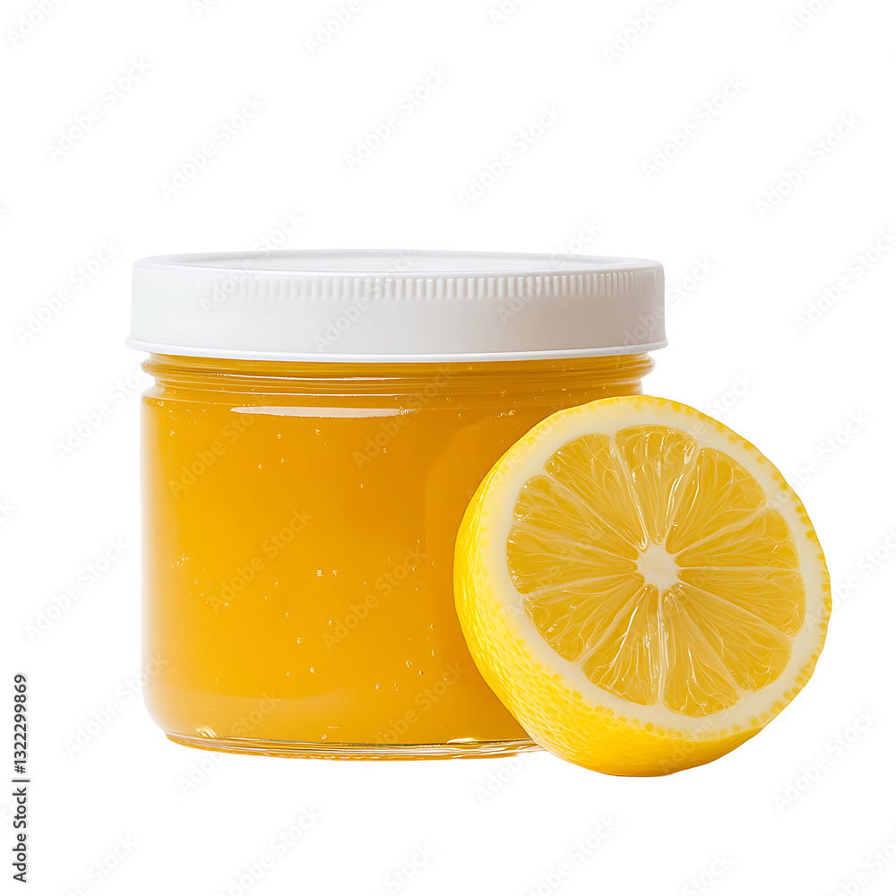Jar of yellow jam with lemon half. Sweet food with citrus fruit on dark background. Close-up shot, front view. Preserved produce with white lid. Jar of yellow jam with lemon half. Sweet food with citrus fruit on dark background. Close-up shot, front view. Preserved produce with white lid.