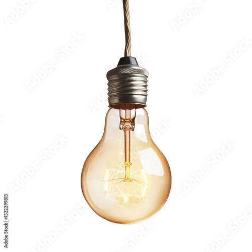 A soft, glowing lightbulb hanging from a thin cord, isolated on white background.