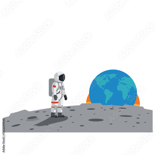 Astronaut standing on the moon gazing at Earth in flat vector art