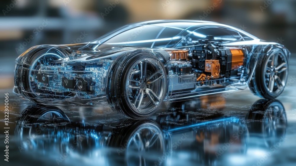 Obraz premium A sleek 3D model reveals the intricate workings of a hydrogen car undercarriage, showcasing its fuel cell stack and battery pack, poised for the future of clean transportation.