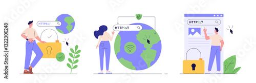 Using browser with https protocol illustration set. People searching website address with security. Collcetion concept of web protection, ssl certificate for web Design, UI, banners