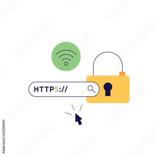 Using browser with https protocol illustration. People searching website address with security. Concept of web protection, ssl certificate for web Design, UI, banners