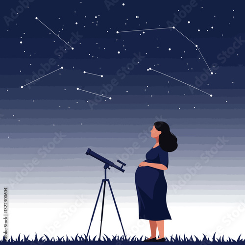 Pregnant woman gazing at stars through telescope in minimal vector illustration