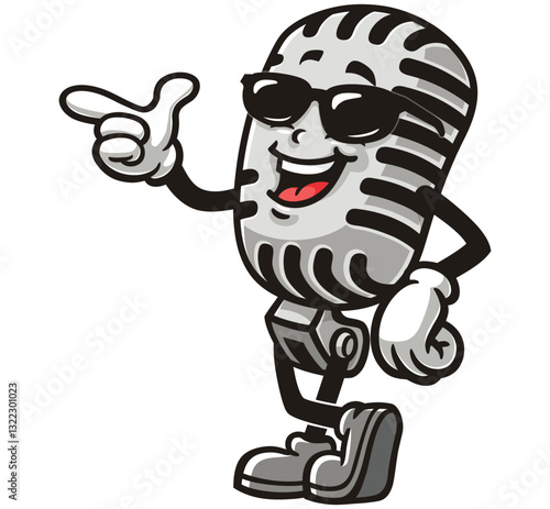 Cartoon mascot character Microphone is wearing sunglasses