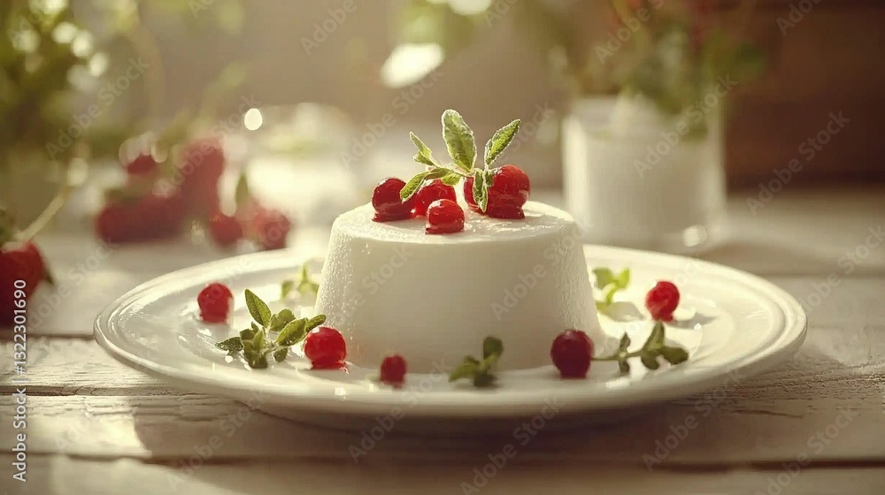 A white plate with a strawberry-covered cake on a wooden table A white plate with a strawberry-covered cake on a wooden table