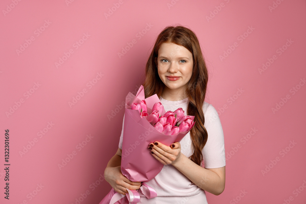 Beautiful teenage girl with bouquet of tulips on pink background Beautiful teenage girl with bouquet of tulips on pink background