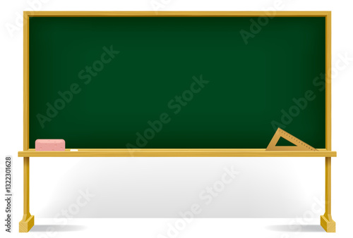 Classroom school green chalkboard with wood frame and stand isolated on white. Vector illustration in 3d style